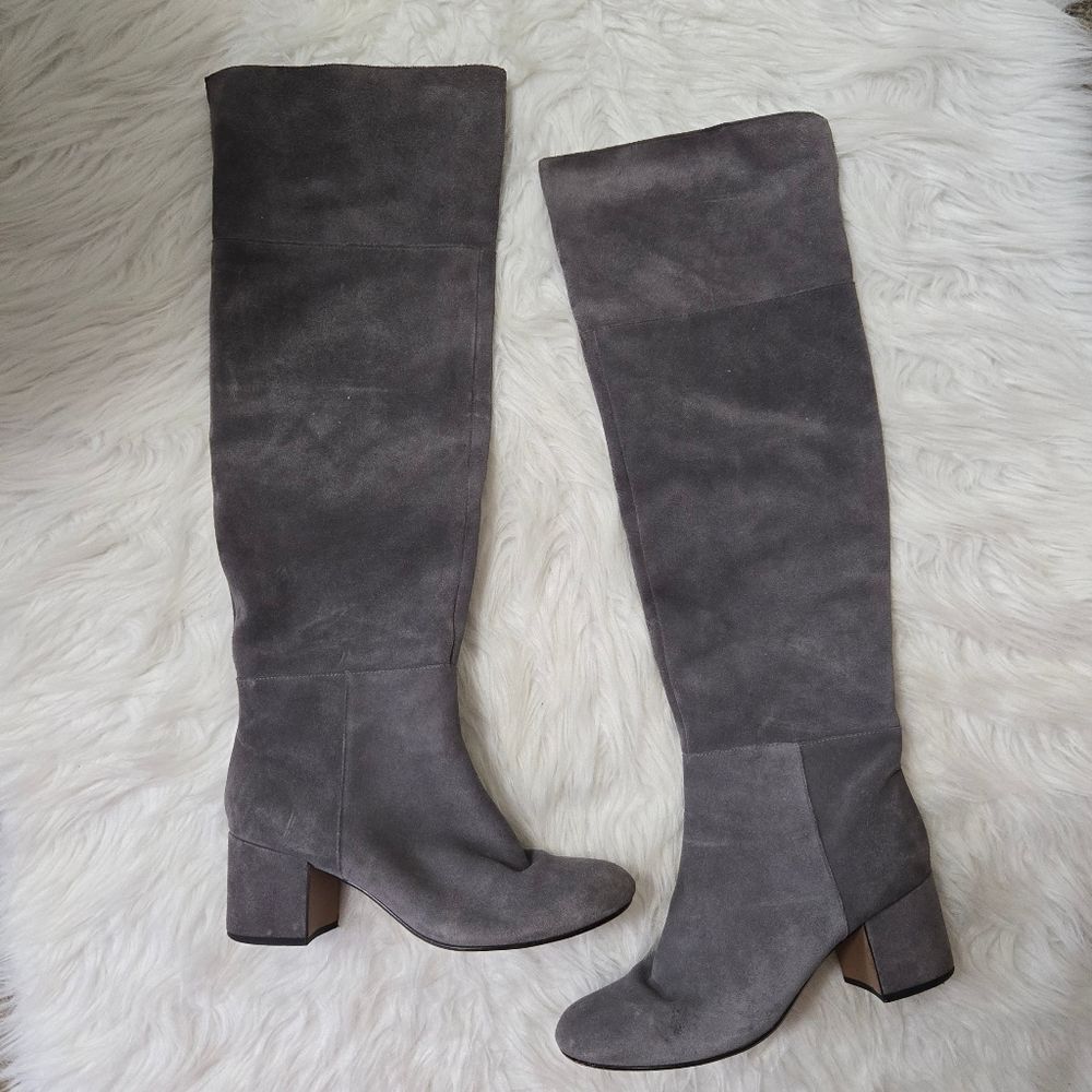 CLARKS Gray Barley Ray Suede Over the Knee Boots Size 8.5 Zipper Chunky Heel‎